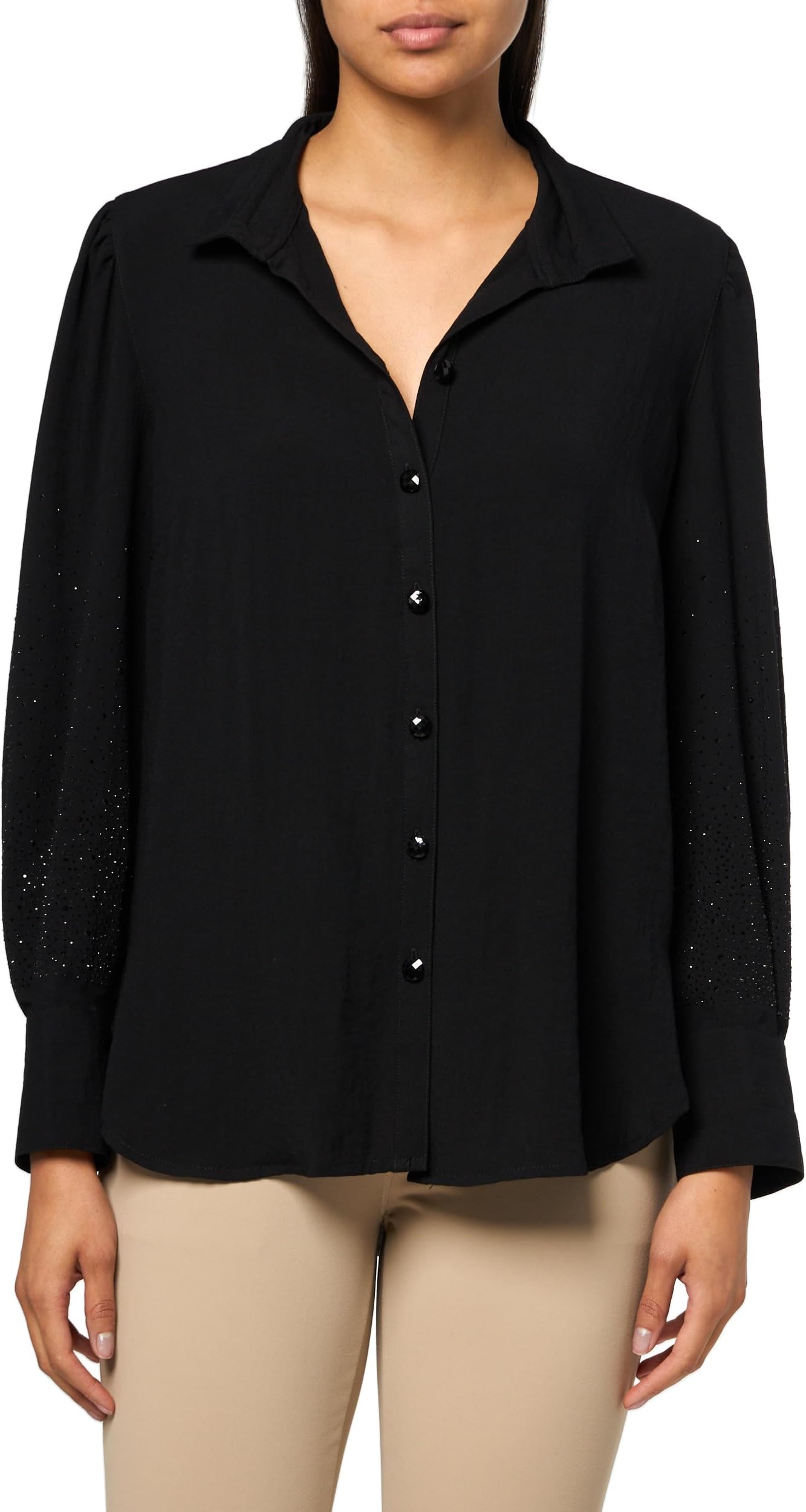 Women's Button Front Top with Three Quarters Sleeves and Rhinestone Details Button Front Top with Three Quarters Sleeves and Rhinestone Details (Pack of 1)