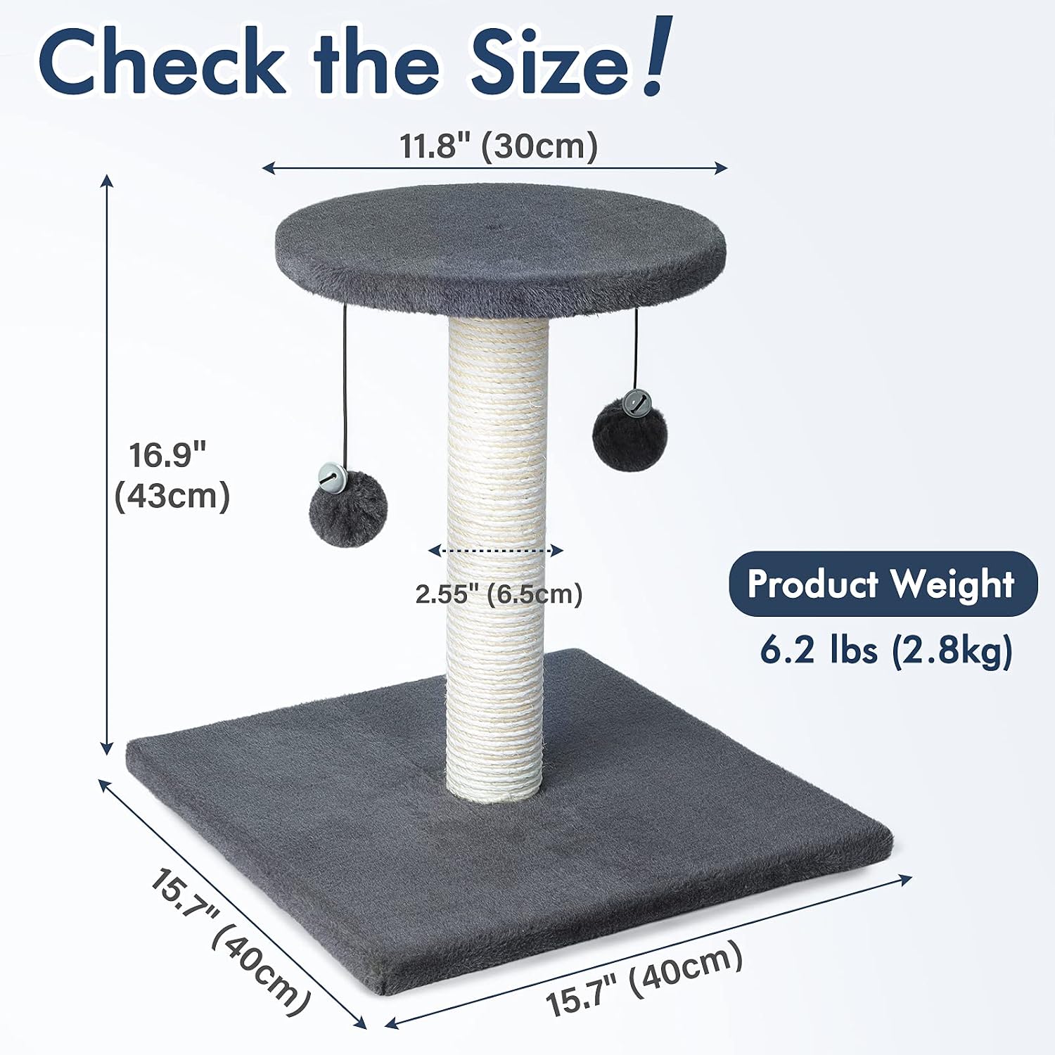rabbitgoo Cat Scratching Post, 17" Cat Scratcher Sisal Cat Post for Indoor Cats, Kitten Scratch Post Tower with Perch & Toy Balls, Small Cats Claw Scratcher with Plush for Climb Play Rest, Dark Grey