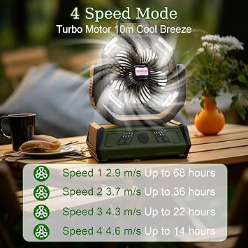 Camping fan, 20000mAh USB table fan with light, 4 speeds, 4 timers, remote control, quiet outdoor fan with hanging hook for camping, picnics, barbecues, and office use