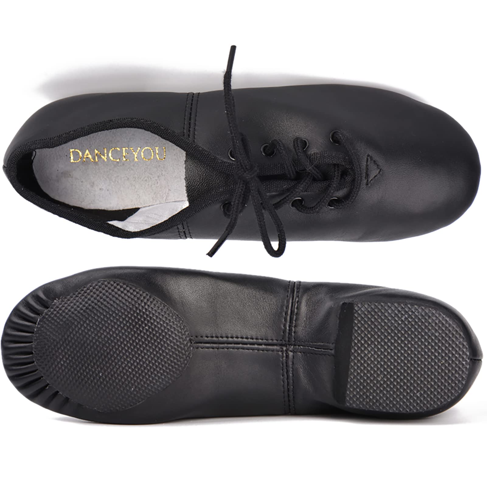 DANCEYOU Chaussures de Jazz – Cuir Fin, Lacets, Semelle divisée – Chaussures de Danse pour Adolescents et Adultes – Noir