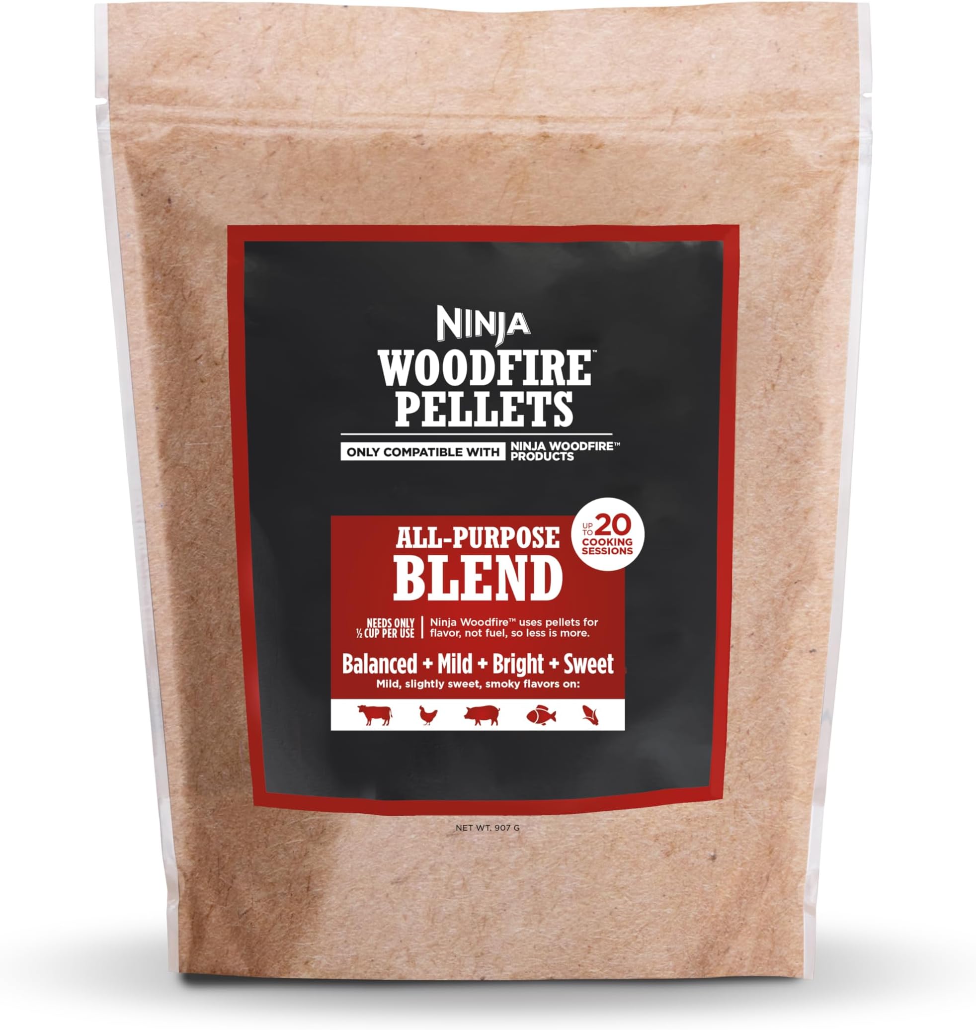XSKOP2RL Woodfire Pellets, All Purpose Blend 2-lb Bag, up to 20 Cooking Sessions, 100% Real Wood Pellets, Only Compatible with Ninja Woodfire Grills & Ovens, All Purpose Blend