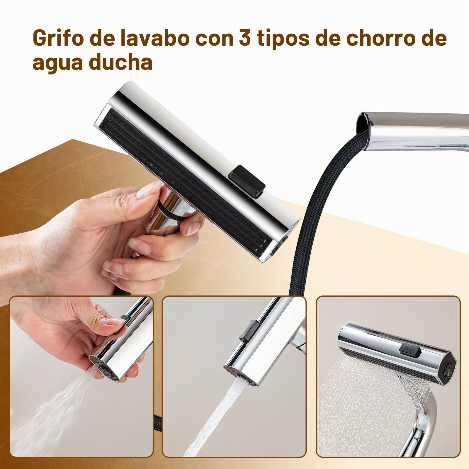Grifo de Baño Extraible con Temperatura LED, 3 Modos de Salida Agua Cromado | Grifo Lavabo Ducha Grifos Monomando Apto Para Fregadero de Encimera, Aireador Extraíble, Agua Fría y Caliente, Cromado