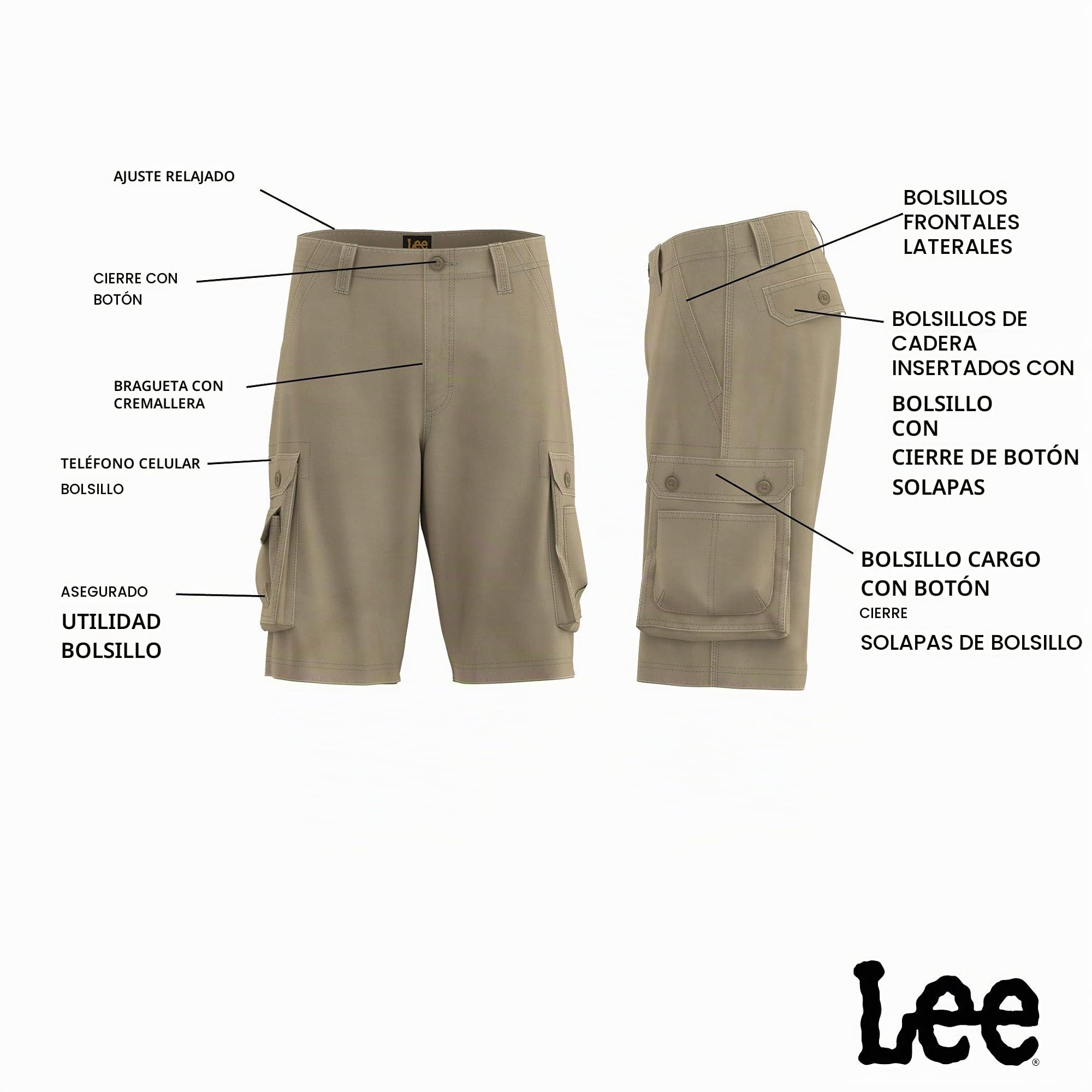 Lee Wyoming - Pantalones Cortos Cargo con Cinturón - Pantalones Cortos Cargo Hombre