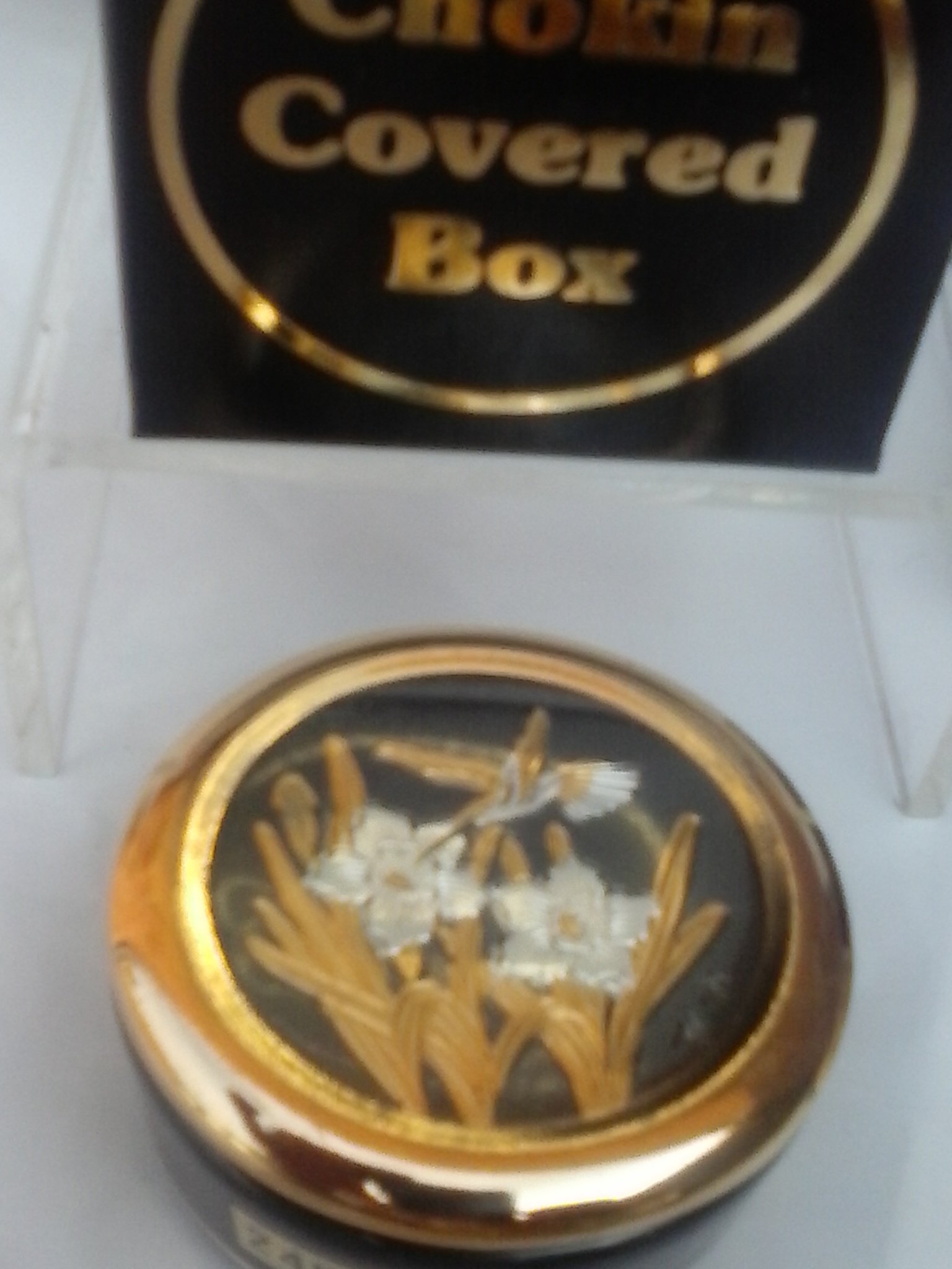 CHOKIN TRINKET BOX MINI 5CM - 22K - GUILDING - HUMMING BIRD & FLOWER - BLACK BODY - BNIB -RETIRED RARE