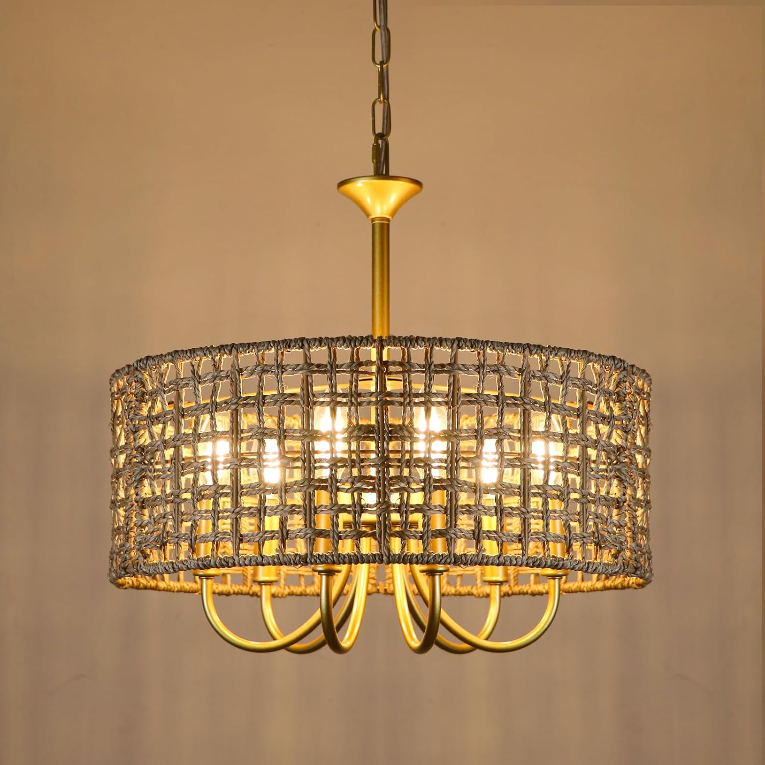 Boho Hand Woven Rattan Chandelier 6 Lights Farmhouse Golden Chandelier, 17.7'' Coastal Drum Wicker Chandeliers for Dining Room Kitchen Living Room Entryway Bedroom