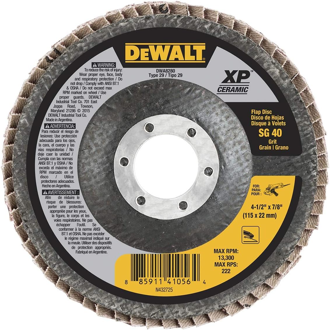 DEWALT DWA8280 40G T29 Xp Ceramic Flap Disc, 4-1/2" X 7/8"