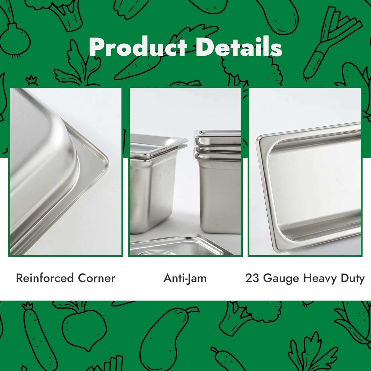 HECMAC 6 Pack Anti-Jam Hotel Pan with Clear Plain Lid, 1/6 Size 4 Inch Deep, Heavy Duty, Commercial Stainless Steel Chafing Steam Table Pan, Catering Storage Metal Food Pan, 23 Gauge - Image 3