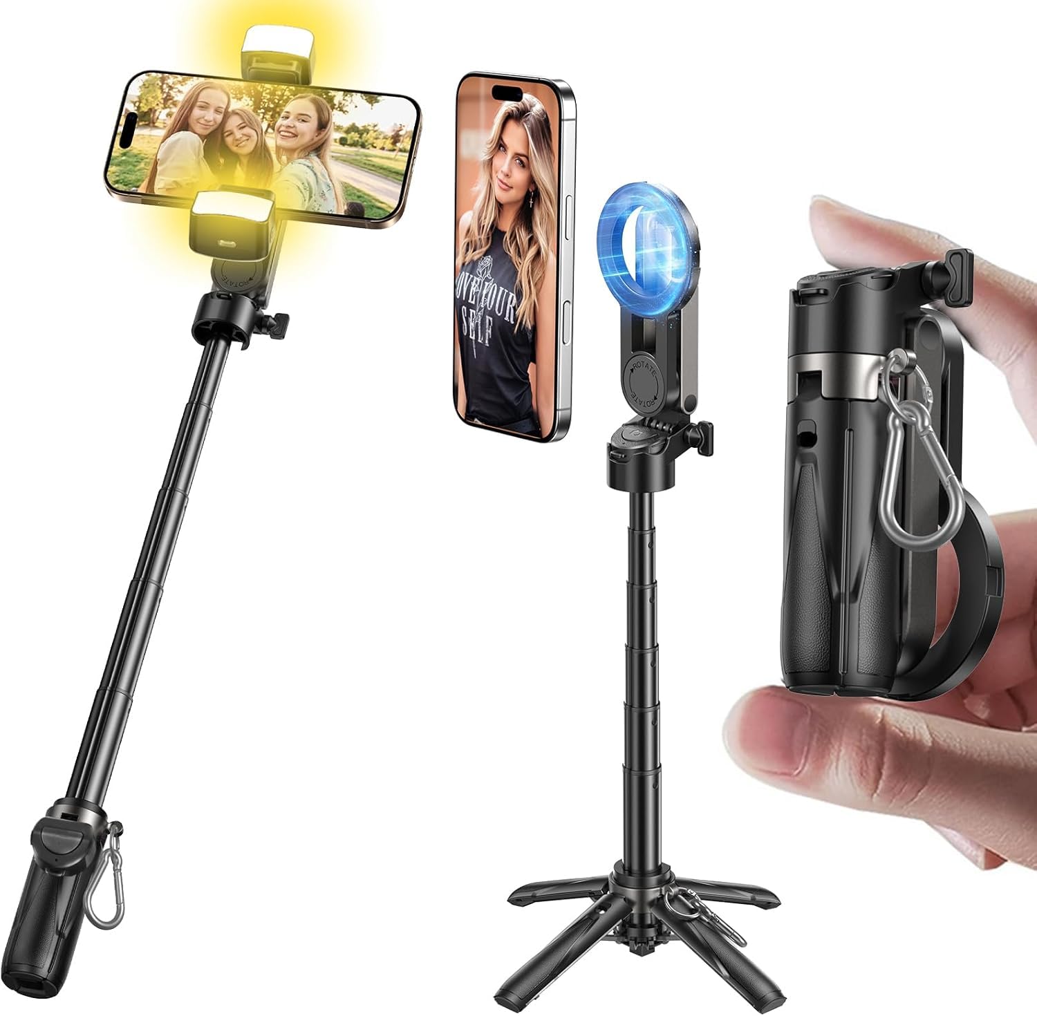 MAGIC JOHN Phone Tripod with 2 Selfie Light, Portable Pocket Size Selfie Stick, Selfie Stick with Detachable Remote Control for Photograph, Live Streaming, Video Recording