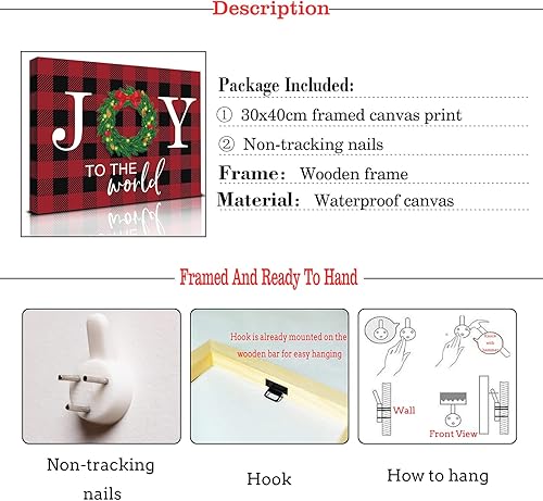 Miniatura 2 de KAIRNE Decoración navideña con letrero de alegría (12 x 16 pulgadas), diseño rústico de búfalo a cuadros, lienzo con corona de Navidad, impresión