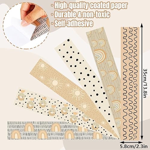 Miniatura 2 de Bordes de tablón de anuncios bohemio de 69 pies, diseño retro, color beige, marrón, sol, arco iris, borde recto, rayas de puntos para tablón de