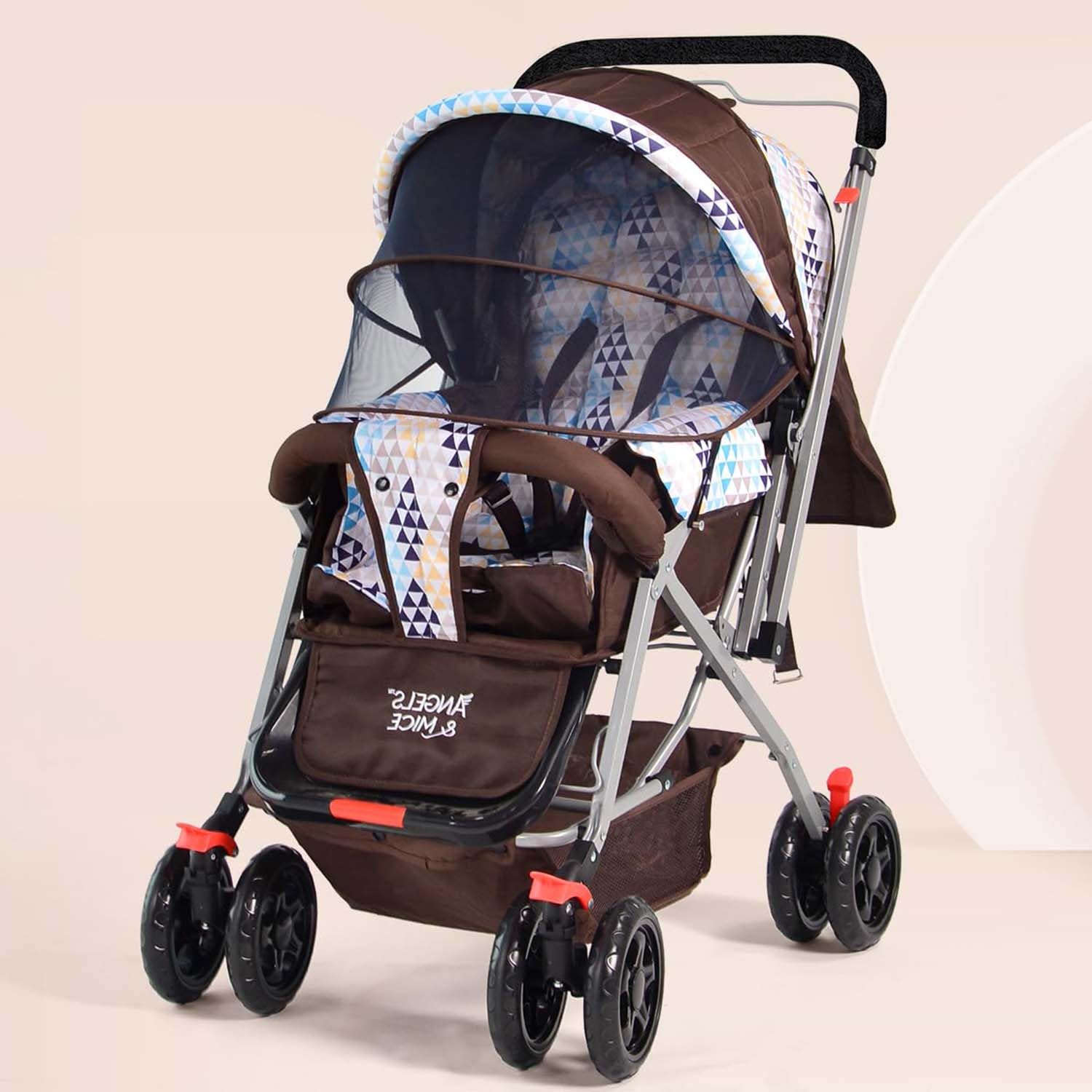 Wonder Cruise Baby Stroller/Pram for 0 to 3 Years, New Born/Kids, 5 Point Safety Harness, Adjustable backrest, 360° Swivel Wheel, Large Storage Basket, Reversible Handle, Mosquito Net, Back storage (Brown)-image-44