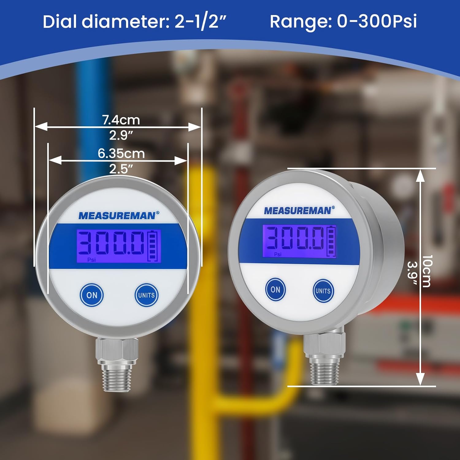 MEASUREMAN Economy Digital Pressure Gauge 2.5" Blue Backlit LCD, 0-300 PSI All Stainless Steel Case 1/4" NPT Connection 1% Accuracy