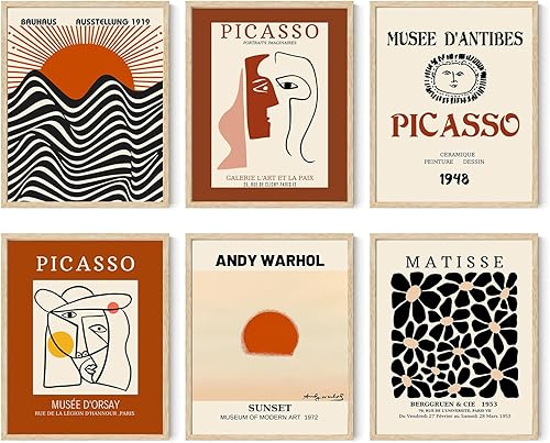 Iknostine Juego de 6 impresiones artísticas de pared de artistas famosos Matisse abstractos, lienzos estéticos de Picasso, pinturas retro para