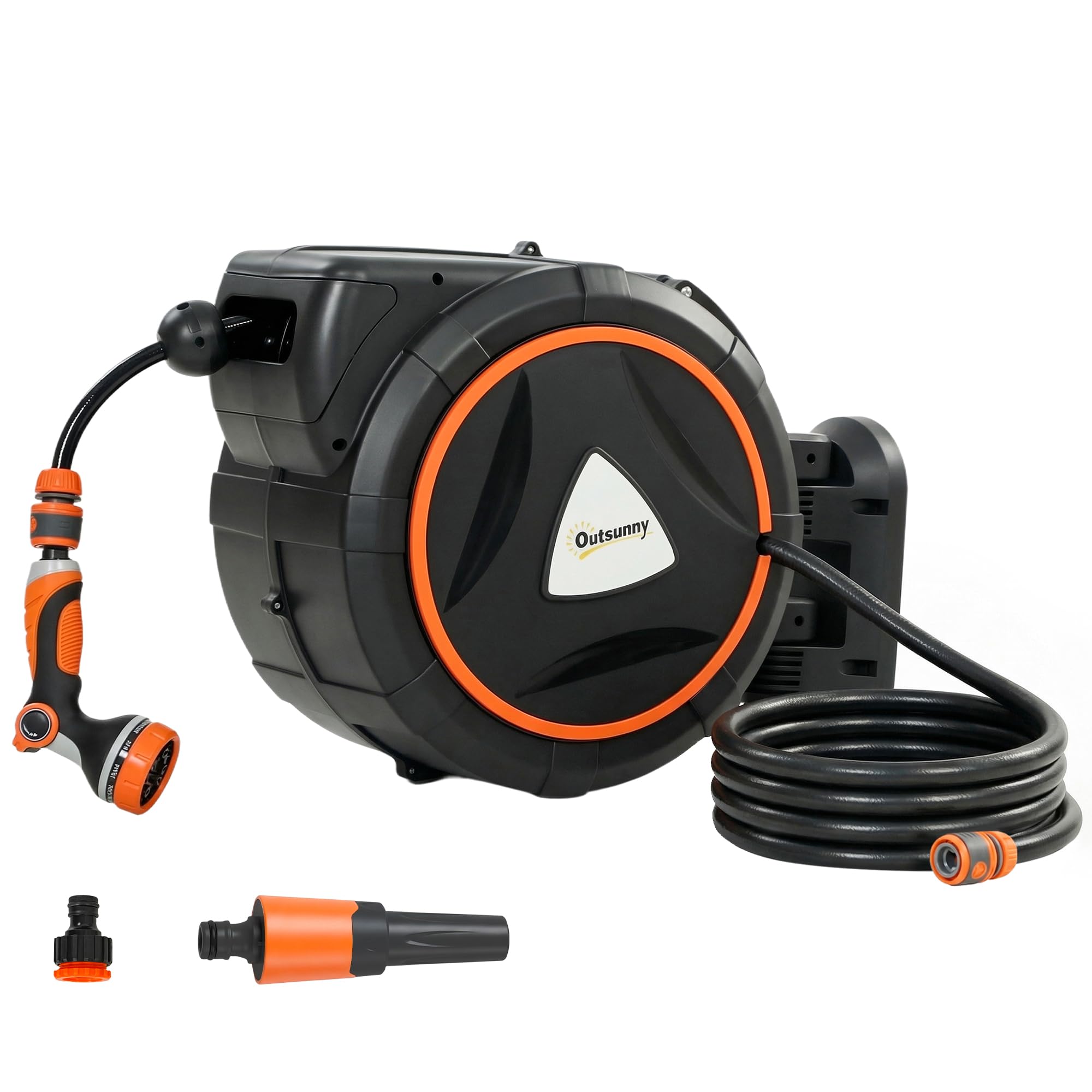 Outsunny Retractable Hose Reel - 28m + 2m - Wall Mounted - Orange - 12 Spray Patterns