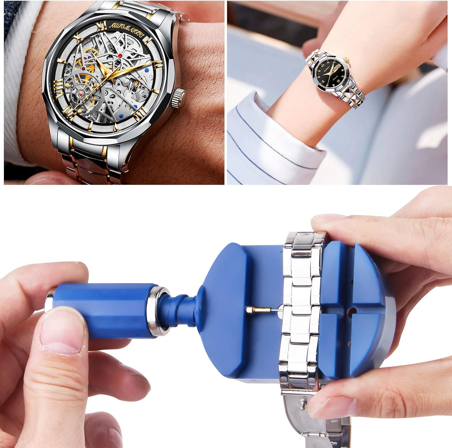 Watch Band Link Removal Tool Kit with 12pcs Replacement Pins and 3pcs Pin Punches 1pcs Head Hammer for Watch Bracelet Strap Adjustment and Watch Repair