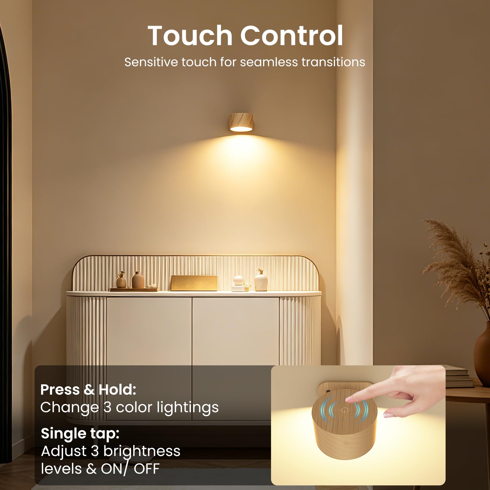 Koopala Apliques LED, lámparas de pared con puerto USB recargable que funciona con pilas, 3 temperaturas de color y 3 niveles de brillo, bola magnética giratoria de 360°, luces inalámbricas para leer