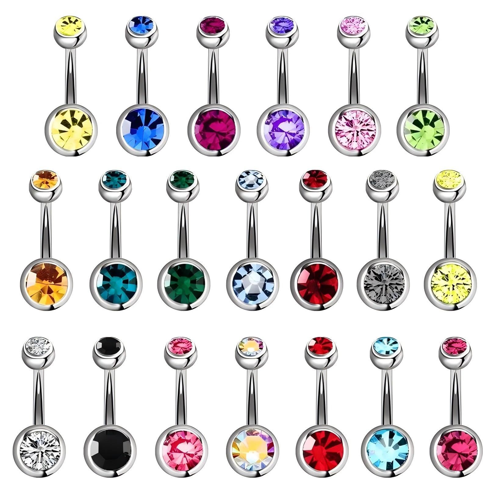Belly Button Bars 20 Colors,Stainless Steel Belly Rings, Body Piercing Jewelry, Bright Colors Rhinestones Belly Button,Navel Ring Belly, Double Sparkling Handmade Diamonds Belly Bars