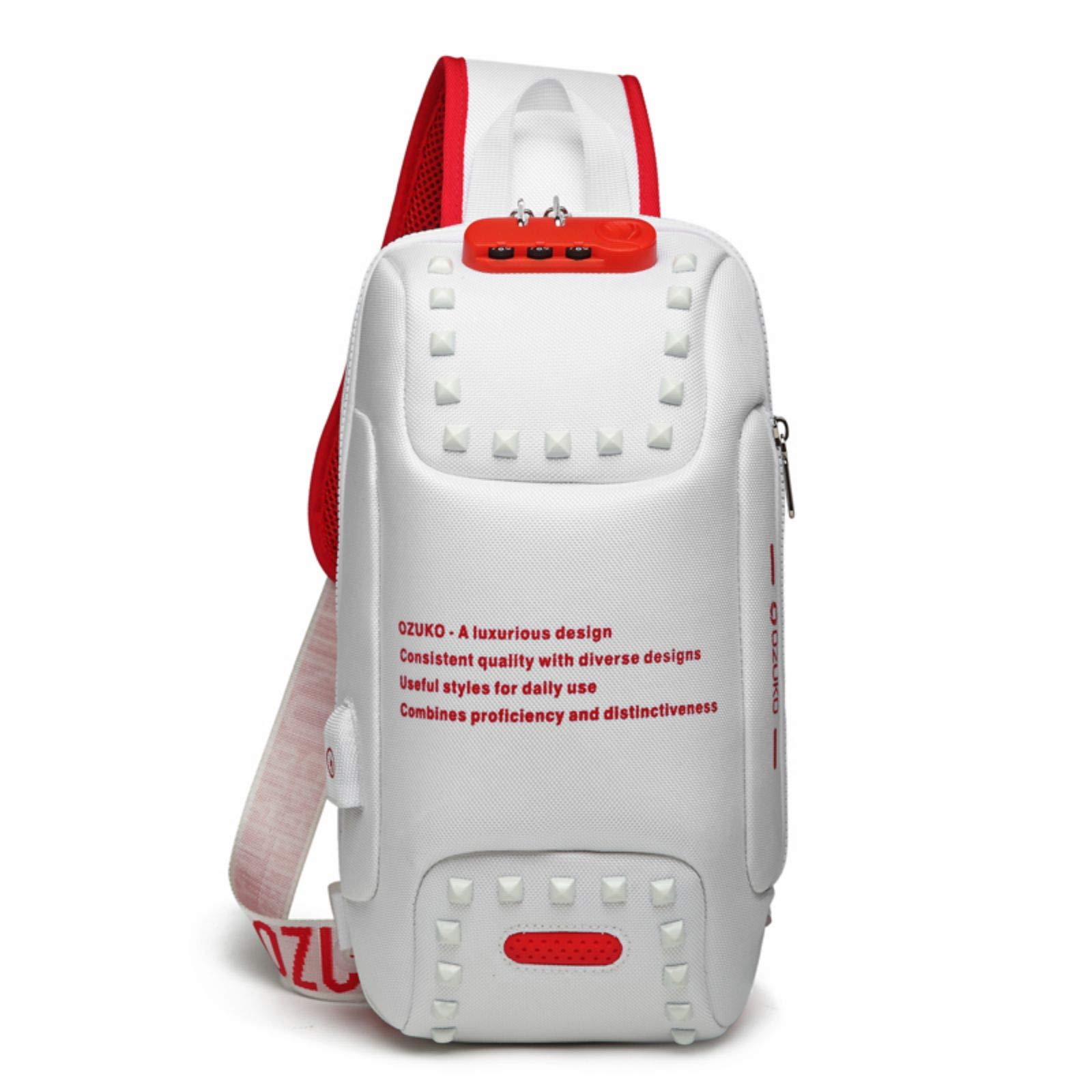 OZUKO Sling Backpack USB Anti-Theft Men'S Chest Bag Casual Shoulder Bag - White - Large