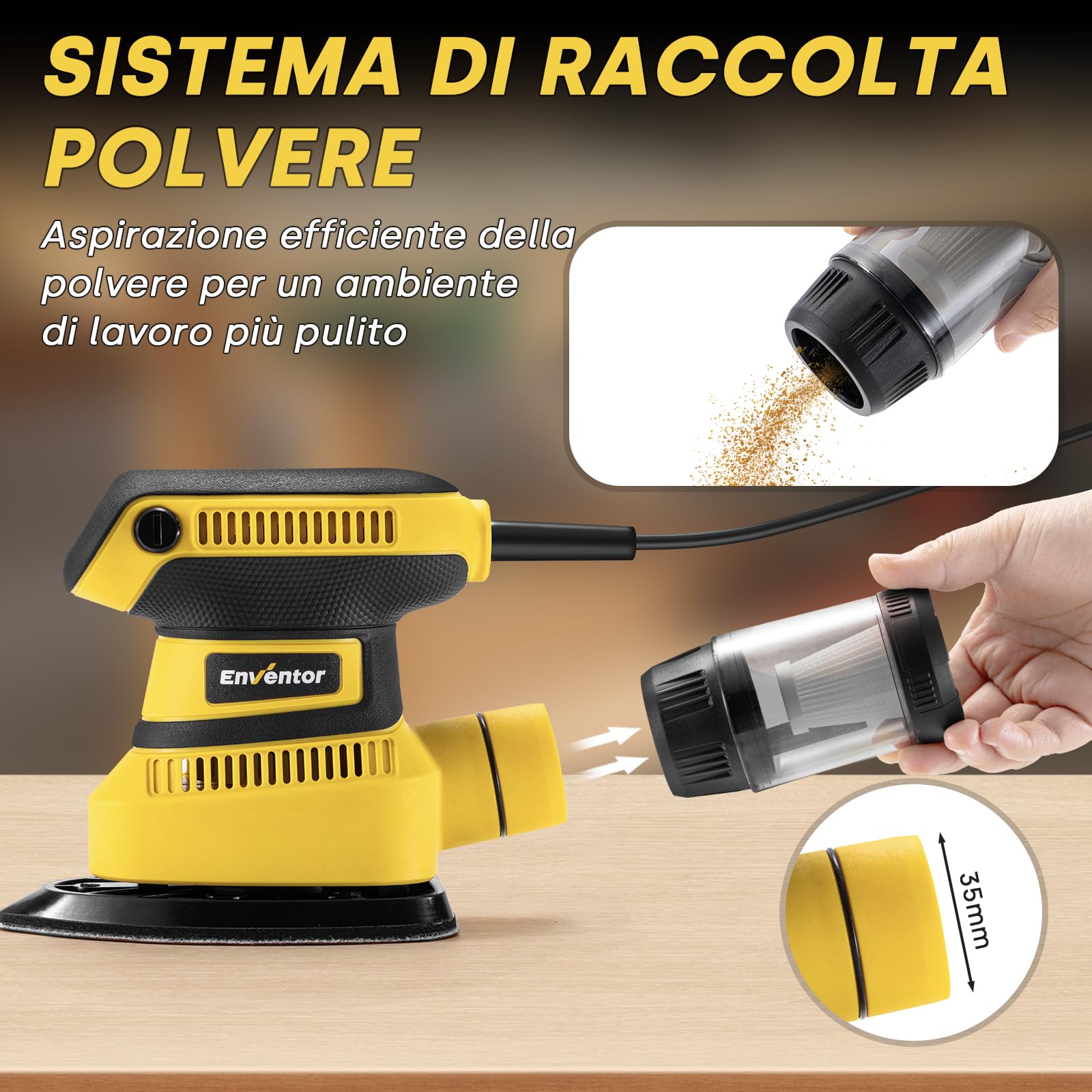 Enventor Levigatrice Mouse 210W, Levigatrice per Legno 15000RPM, 16PCS Carta Vetrata(80, 120, 180, 240), Contenitore Polvere, Levigatrici di Precisione per Levigare e Lucidare Legno e Metallo