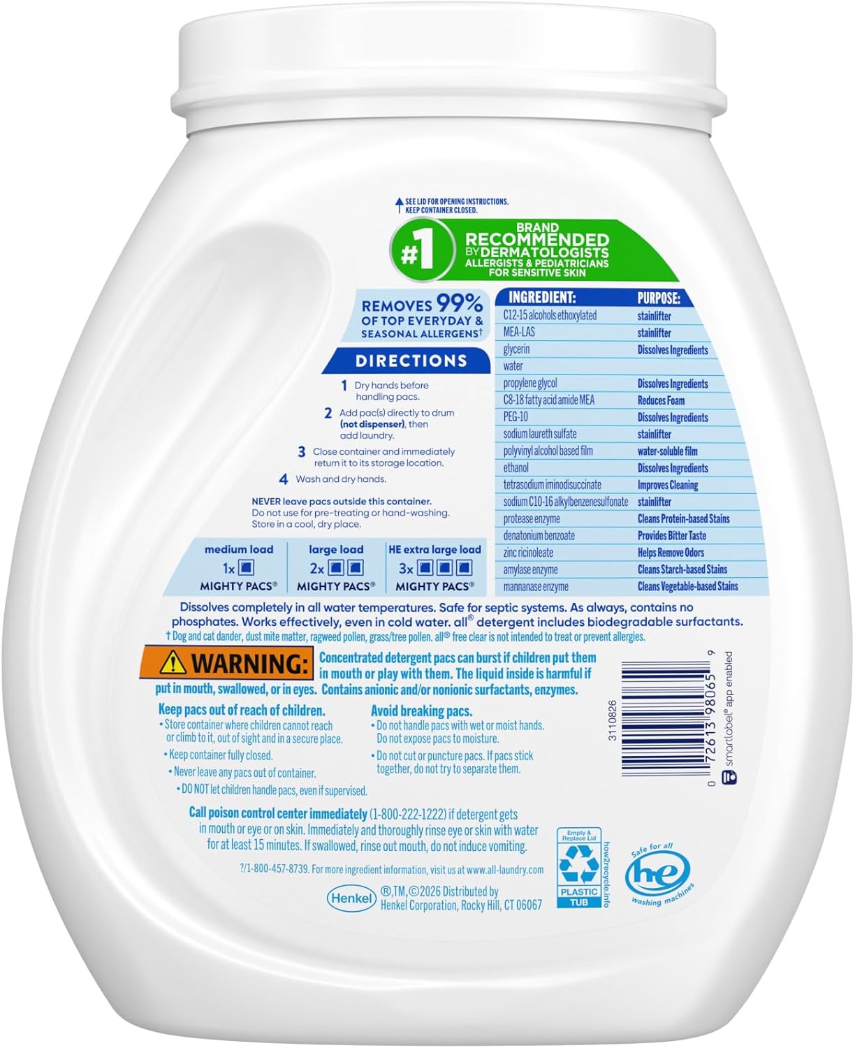 all Unit Dose Laundry Detergent, Mighty Pacs, Free Clear, Odor Relief, 72 Count