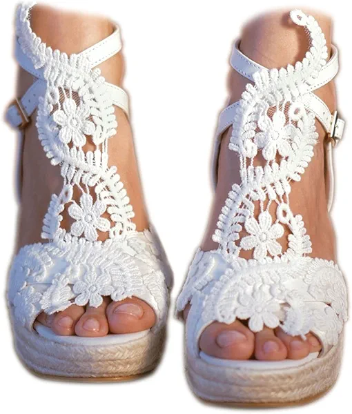 MiLanolce Women's Platform Sandals Wedge Open Toe Ankle Strap lace Wedding Shoes Bridesmaid Shoes