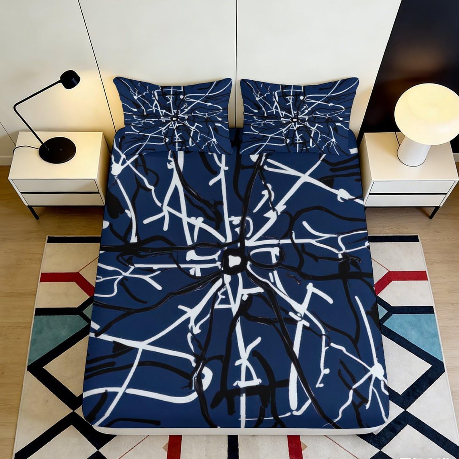 3D Printed abstract navy fitted sheet with microfiber soft touch, wrinkle resistant, guest room bedding, bed cover for home decor 90x200x25cm