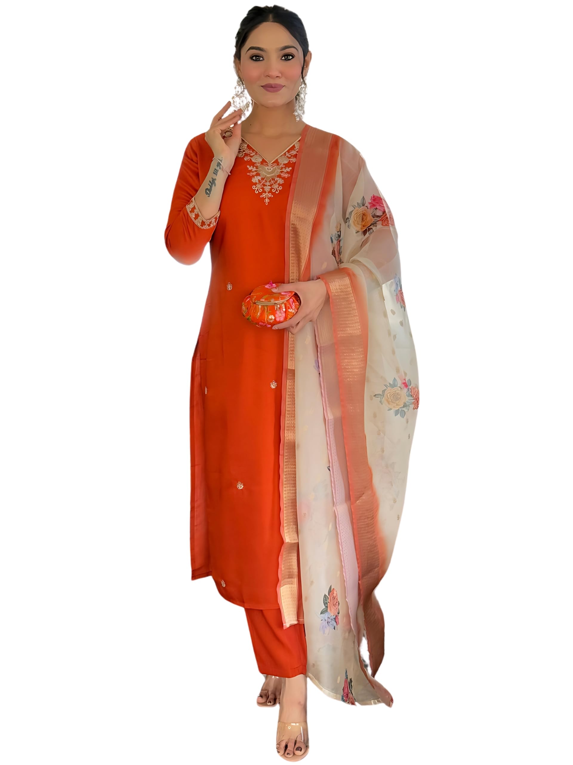 Naixa Women's Viscose Embroidered Straight Kurta with Viscose Pant and Silk Blend Embroidered Laced Dupatta Sets (Available in Plus Size)