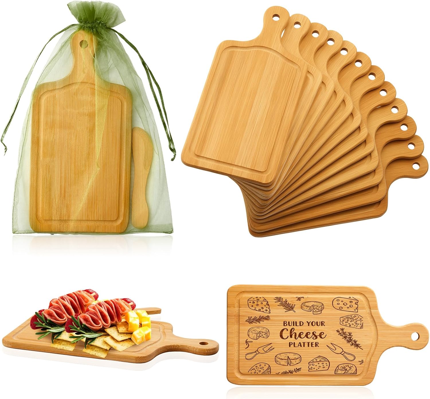 Nuenen 20 Pcs Mini Wooden Cutting Board Bulk with Handle, Small Wood Charcuterie for Crafts Laser Engraving with Knives Organza Bags Wedding Party Favors Housewarming Gift (Bamboo Color) Bamboo Color 20