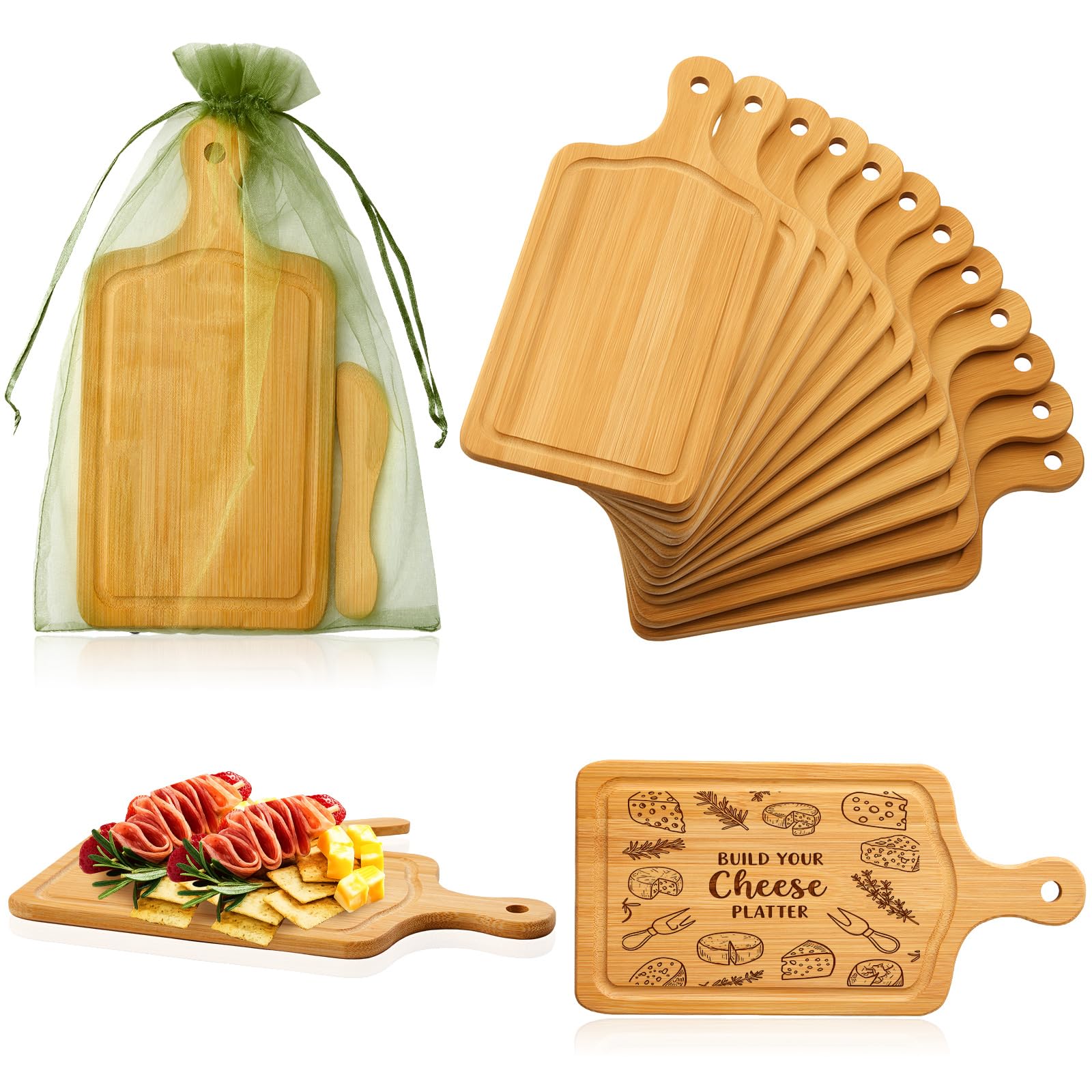 Photo 1 of Nuenen 30 Pcs Mini Wooden Charcuterie Board Bulk, Small Wood Cutting Board for Crafts Laser Engraving with Knives Organza Bags Wedding Baby Shower Favors Gift (Square,Bamboo Color)