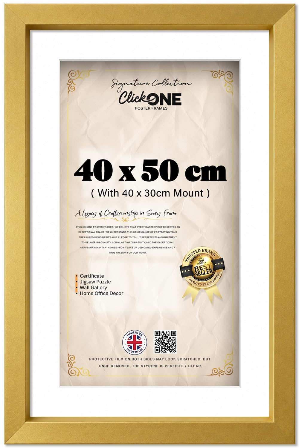 Click One — Rectangle Contemporary Engineered Wood Grain Poster Frame (40 X 50 Cm) With 40 X 30 Cm White Mount | 16 X 20 Inch Portrait — Landscape Display With Clear Styrene Sheet, Gold