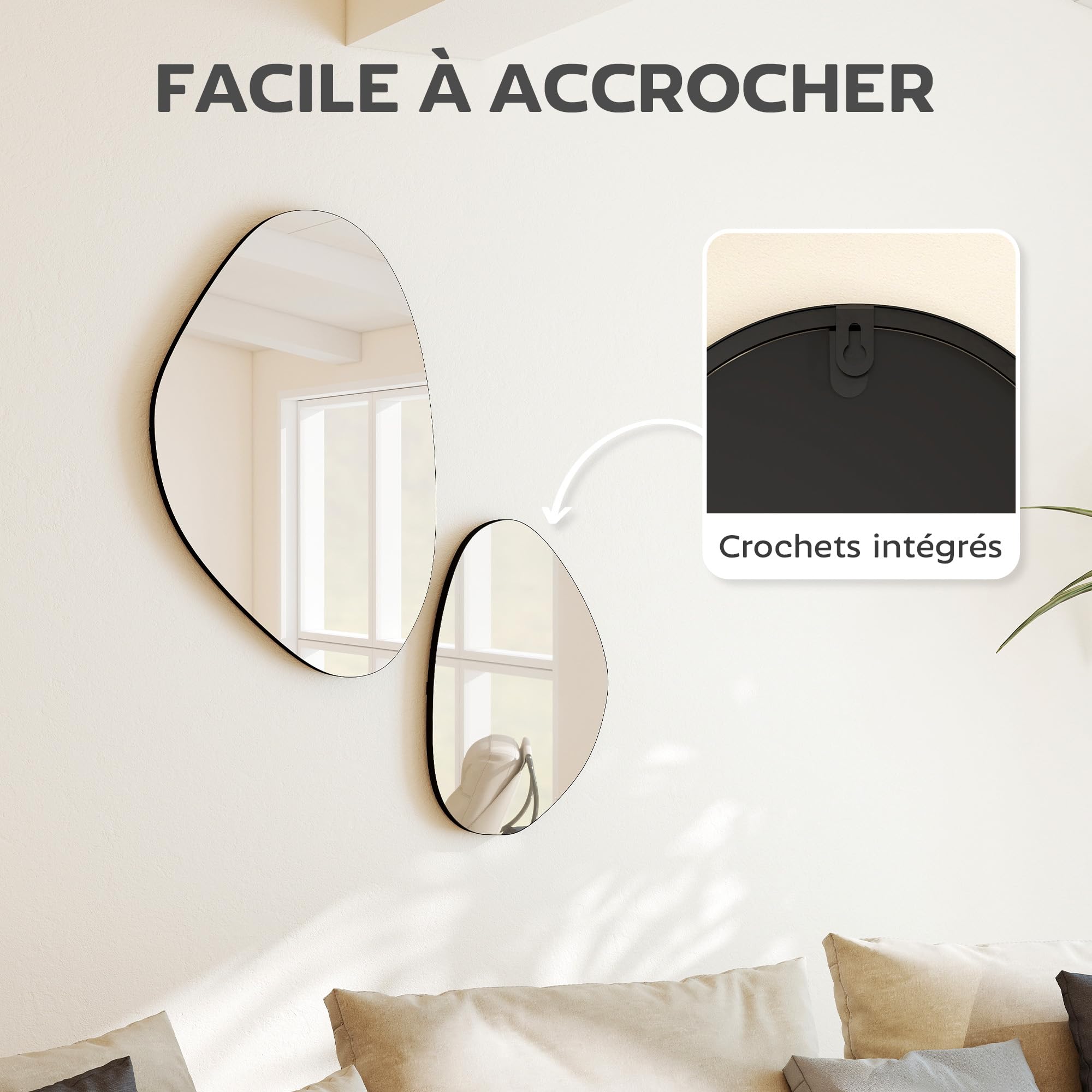HOMCOM Specchio irregolare set 2 a ciottolo cornice metallica nero | 70 x 46 cm, 49.5 x 31 cm, Specchio asimmetrico sospeso a parete, soggiorno, ingresso, camera da letto, corridoio