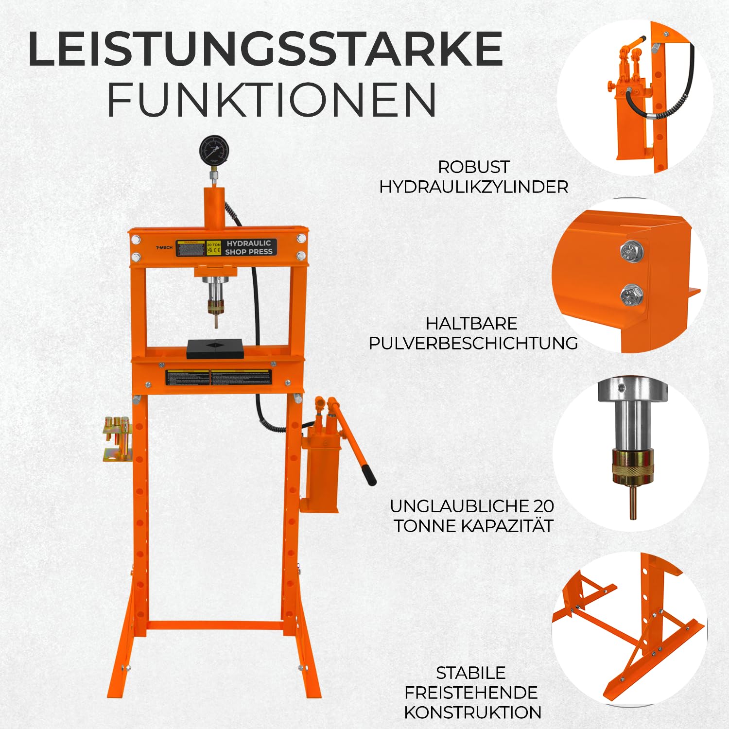 Hydraulische Werkstattpresse 20 Tonne Tisch- Bodenaufstellung Pulverbeschichteter Stahl Abnehmbares Manometer Handpumpe Einstellbarer Vertikaler Arbeitsbereich 0-1015mm GRATIS 8 Dorne & 1 Adapter