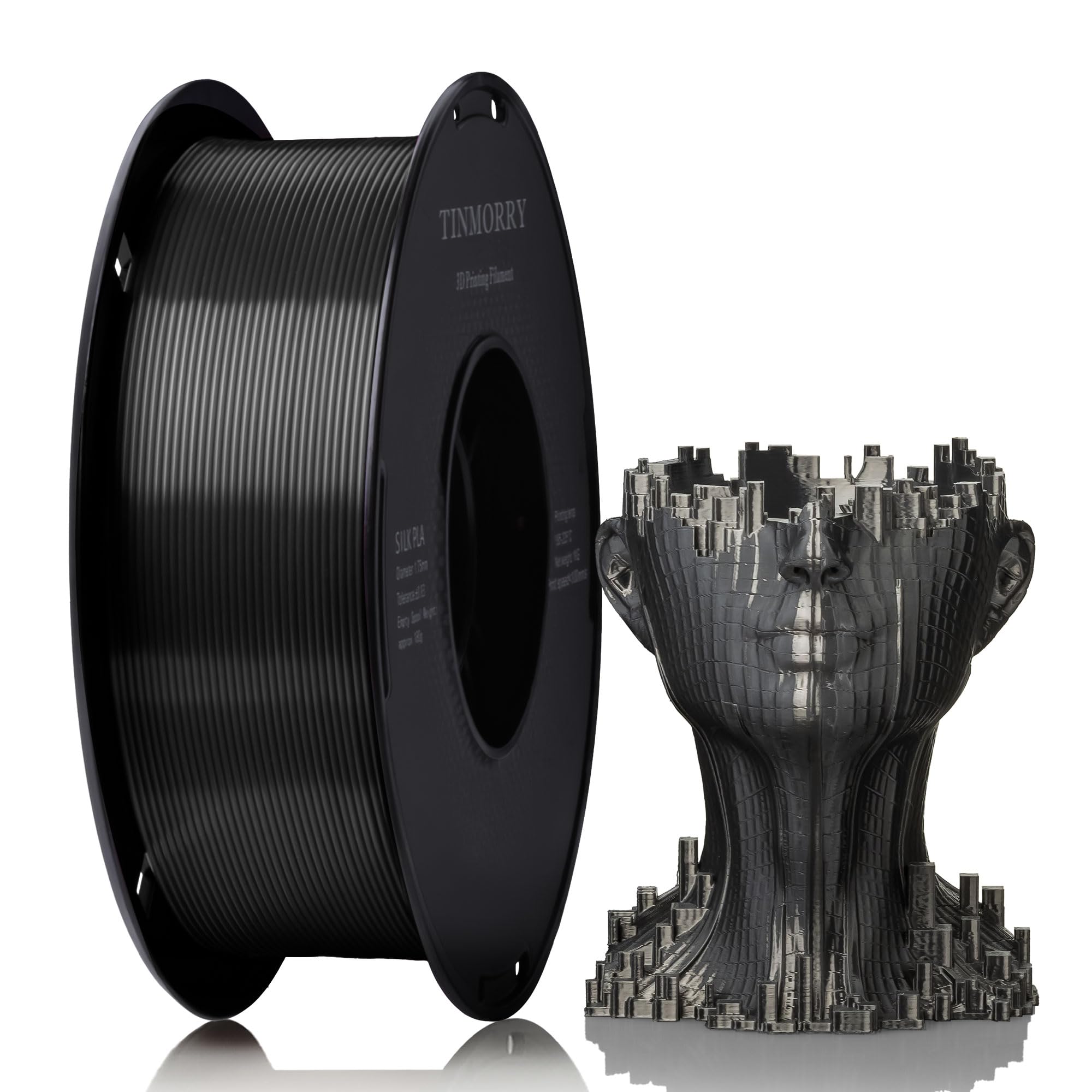 PLA Filament 1.75mm, TINMORRY 3D Printer Filament, 1kg (2.2lbs), Compatible with Bambu FDM 3D Printer, Silk Iron Black