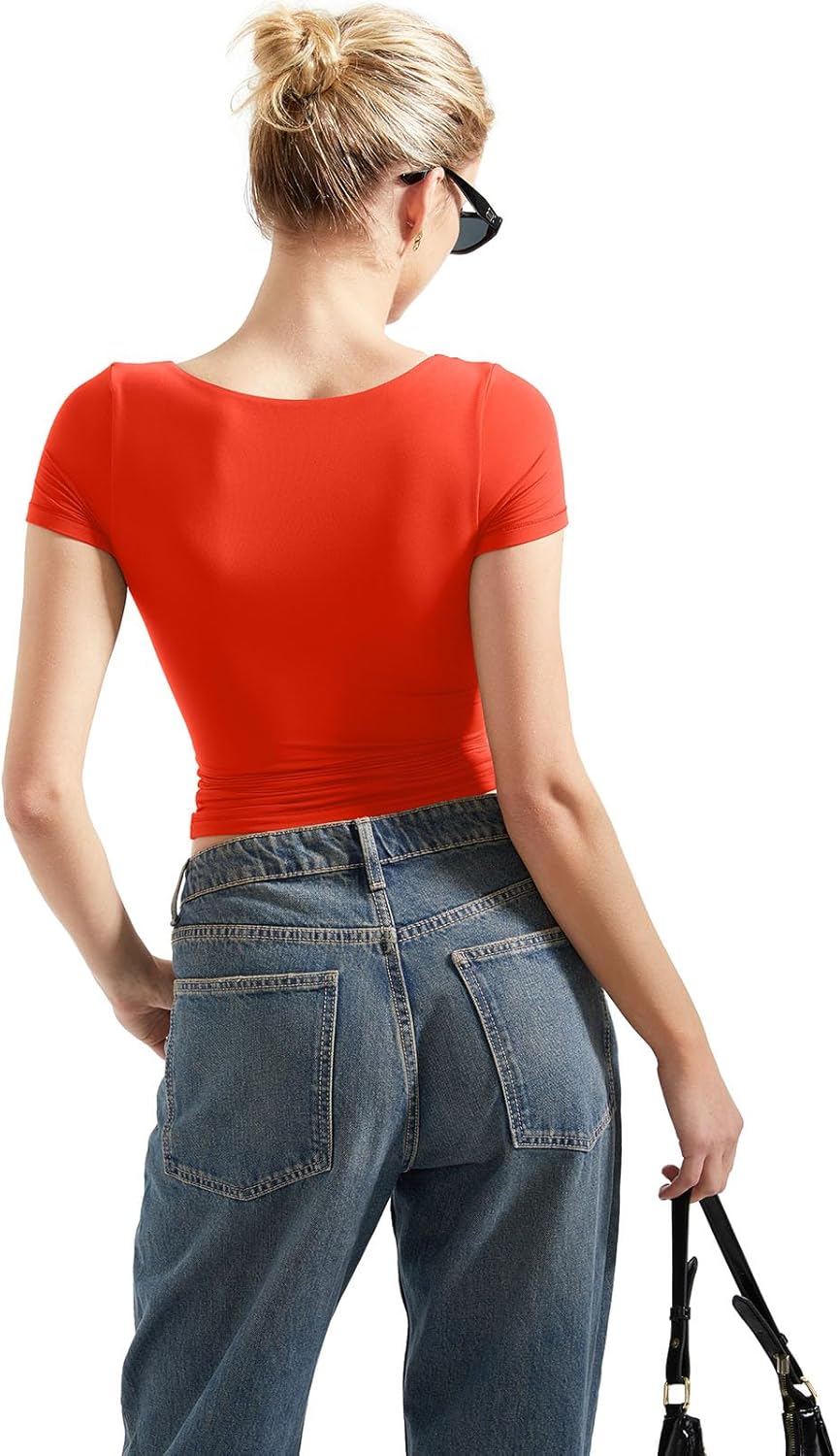 SUUKSESS Women Double Lined Fitted Basic Tee Scoop Neck Short Sleeve Y2K Crop Top - Image 5