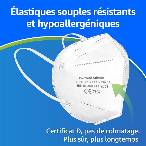 ADESTE – 50 Masques FFP2 Blancs Certifiés CE, approvisionnement contrôlé, élastiques confortables, hypoallergéniques et réglables. EFB 99,5%. Emballage individuel - 3