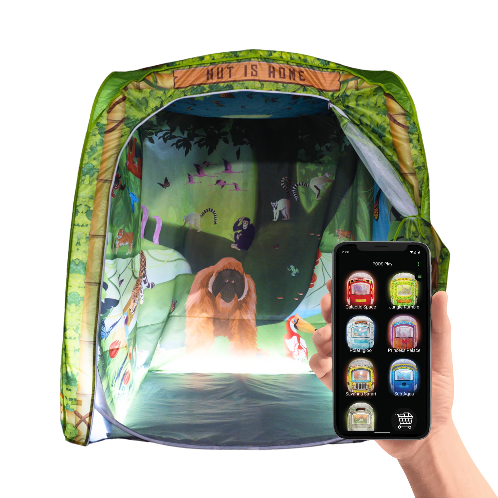 PODS Sensory Play Tent for Kids – Rumble in the Jungle Adventure Theme with Lights, Bluetooth Speaker, Memory Foam Play Mat & Interactive Mobile App