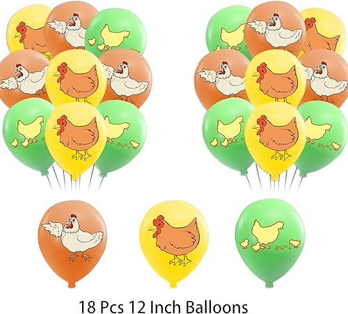 Miniatura 5 de Juego de decoraciones de fiesta de cumpleaños de pollo pancarta, telón de fondo, espirales, adornos para cupcakes de pasteles, globos para baby