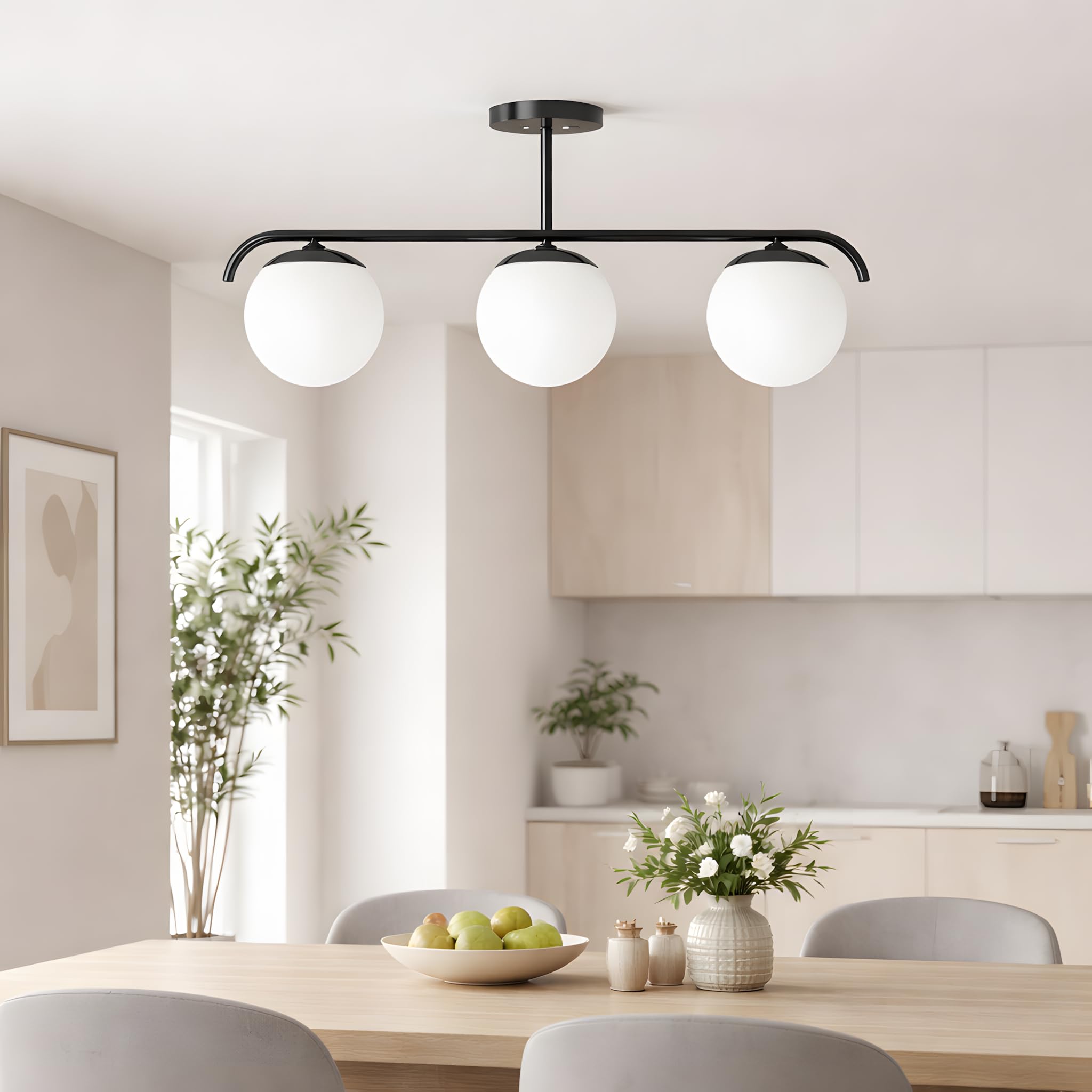 B·LED BARCELONA LED Lampada da Soffitto “Talí” con 3 Sfere in Vetro Opalino – Stile Nordico Minimal – 3xE27 – Struttura in Metallo Nero – Illuminazione Diffusa per Soggiorno, Sala da Pranzo o Camera