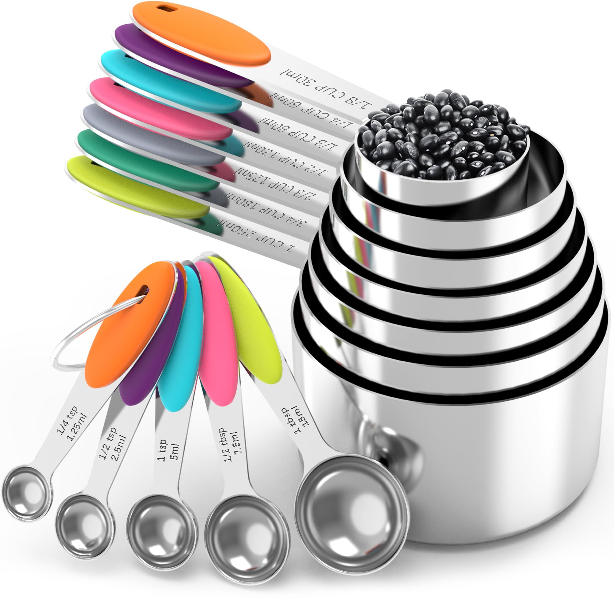 TILUCK Nesting Measuring Cups and Spoons Set, Stainless Steel with Soft Silicone Handle – Heavy Duty & Dishwasher Safe for Measuring Dry/Liquid Ingredients, Ideal for Cooking & Baking (12) - image 1