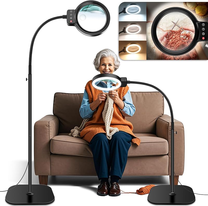 30X 10X Large Floor Magnifying Glass with Light and Stand | 2-in-1 Flexible Gooseneck Floor Magnifying Lamp,72 LED Lights, 3 Color Modes, Close Work,Sewing,Crafts,Hobbies