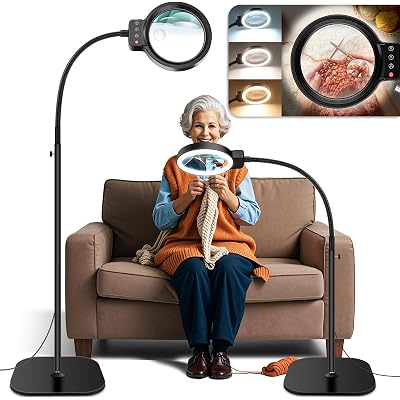 30X 10X Large Floor Magnifying Glass with Light and Stand,72 LED Flexible Gooseneck Floor Magnifying Lamp,2 in 1 Lighted Magnifiers for Close Work, Sewing,Crafts,Hobbies(Black)
