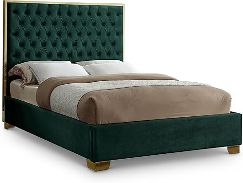 Vista 21 de Meridian Furniture Colección Lana Modern Cama tapizada de terciopelo contemporáneo con acolchado profundo detallado y patas doradas, tamaño Verde