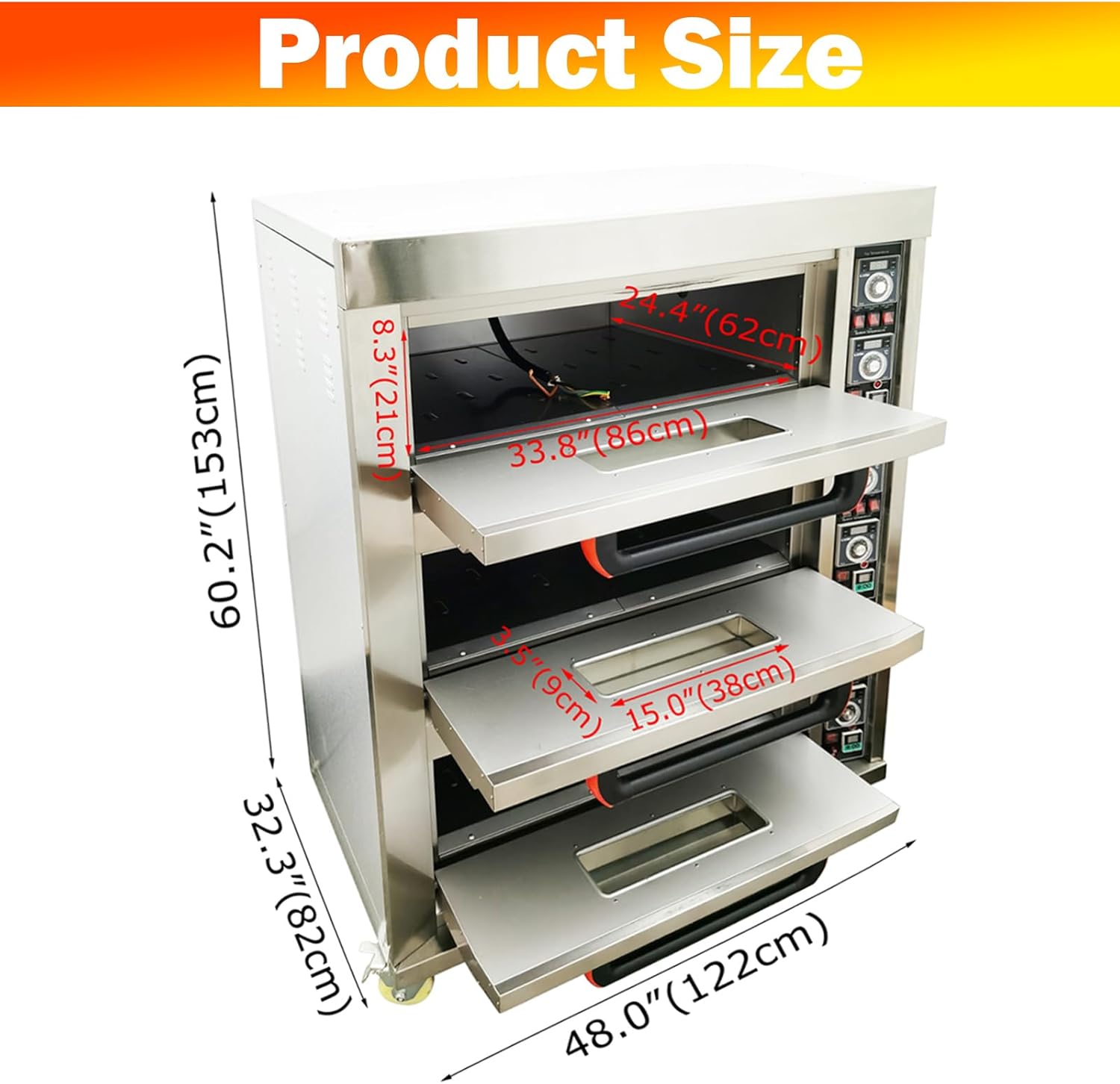 TECHTONGDA Commercial Convection Oven Stainless Steel Electric Triple Deck Pizza Oven with Universal Wheels Three-phase 208V 19800Watt for Restaurant Kitchen Bakery