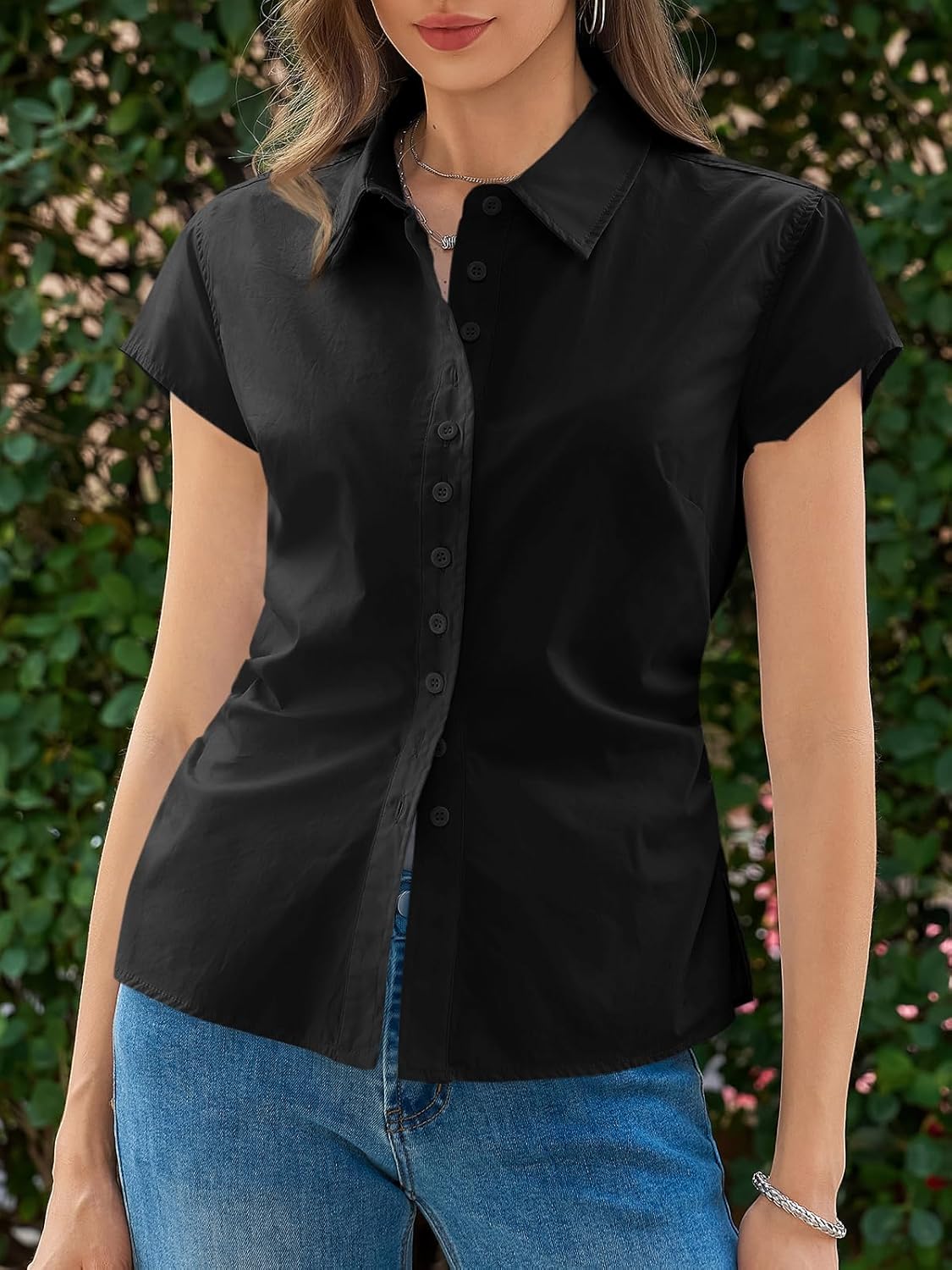 Cicy Bell Womens Summer Button Down Shirts Short Sleeve Slim Fit Ruched Cotton Blouses Cute Going Out Tops - Image 4