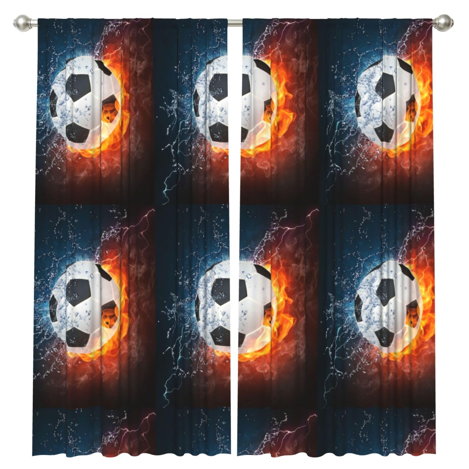 InOmak Soccer Ball On Fire And Water, 2 Panels Window Curtains 52 x 84 Inch Blackout Curtains for Living Room Bedroom