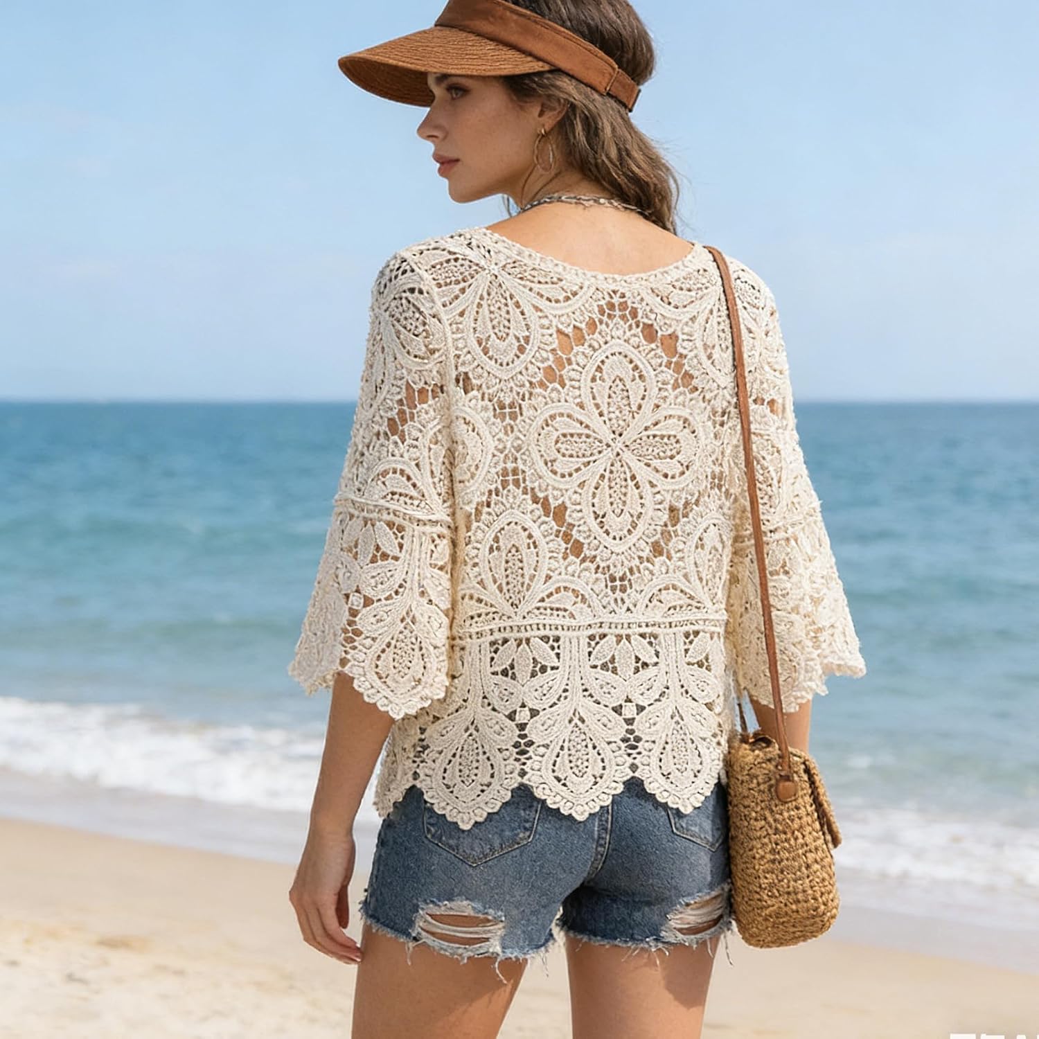 Women Casual Floral Crochet 3/4 Sleeve Cardigan Boho Hipi Cover Up Shrug
