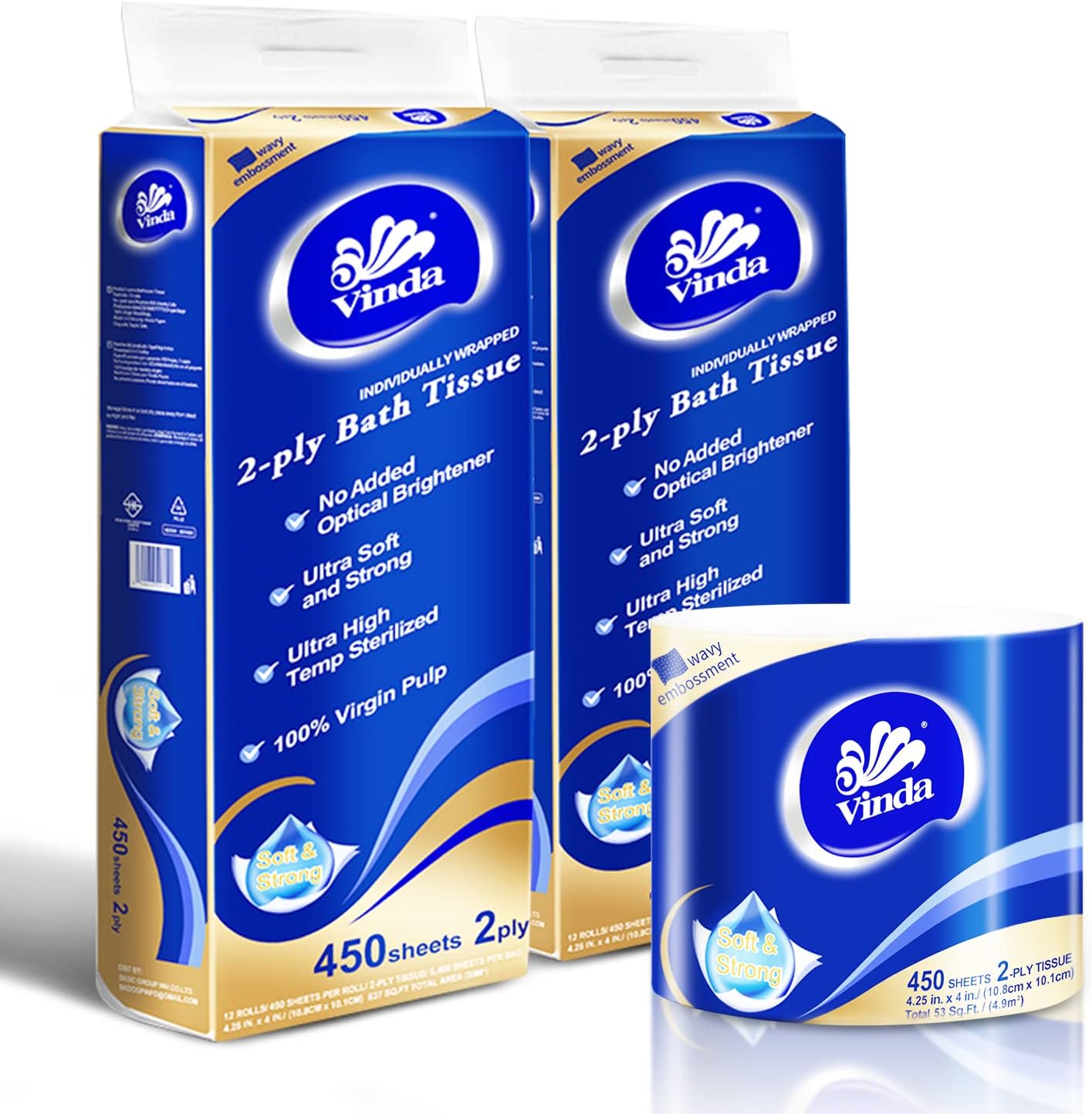 Vinda 2 Ply 450 Sheets/Roll Ultra Soft Strong Bath Tissue/Toilet Paper for RV Camping, Individually Wrapped 100% Virgin Wood Pulp Wavy Embossed, 24 Double Rolls = 112 Regular Rolls
