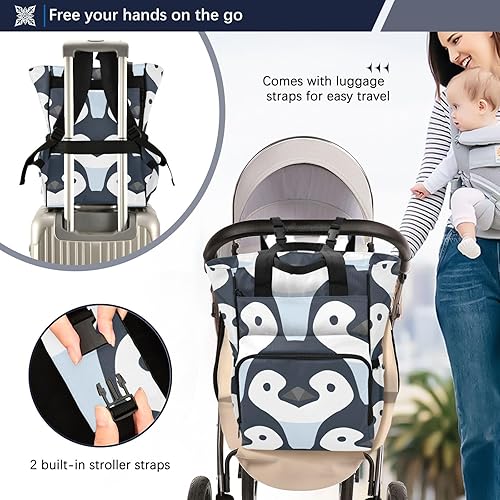 Miniatura 4 de Mochila de pañales de pingüino de dibujos animados para bebés, niños y niñas, multifunción para bebés, bolsa de viaje con correas para cochecito y