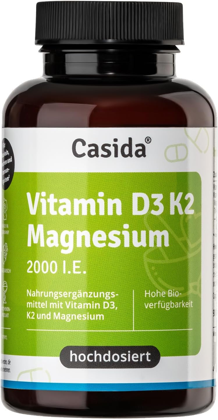 Casida® Vitamine D3 K2 magnesium capsules – optimale combinatie van zeer biologisch beschikbare vitamine D3 2000 I.E., vitamine K2 (all-trans MK-7) en magnesium – uit de apotheek – 90 capsules