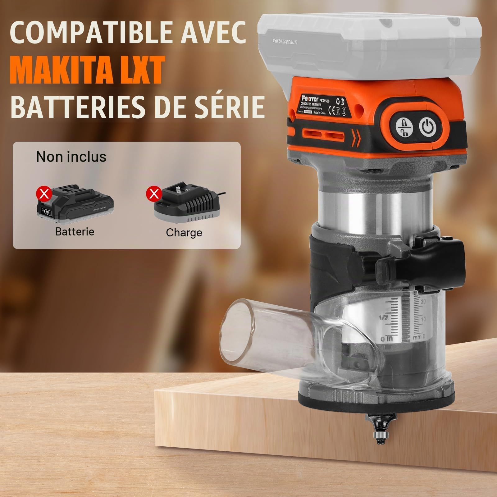 Affleureuse Sans Fil Compatible avec Batterie Makita 18 V, Brushless Affleureuse Sans Fil avec 6 Vitesses, 10000-30000RPM, 5 Fraises à Défoncer, Guide Droit, Roue de Guidage (Sans Batterie)
